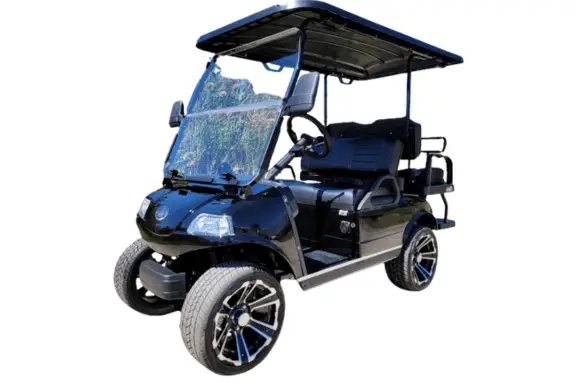 black lifted evolution golf cart with custom wheels and seats