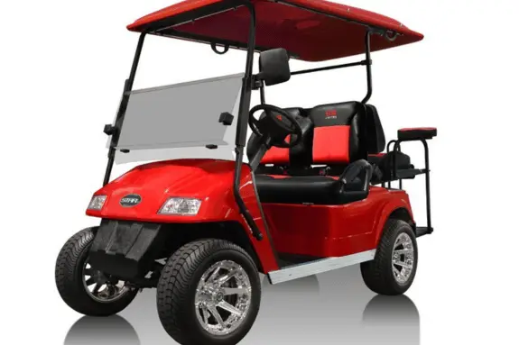 example of a red star golf cart with custom seats and wheels