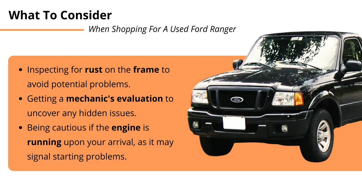 Infographic showing what to consider when Ranger shopping, such as inspecting for rust on the frame, or have a mechanic give it a once-over.