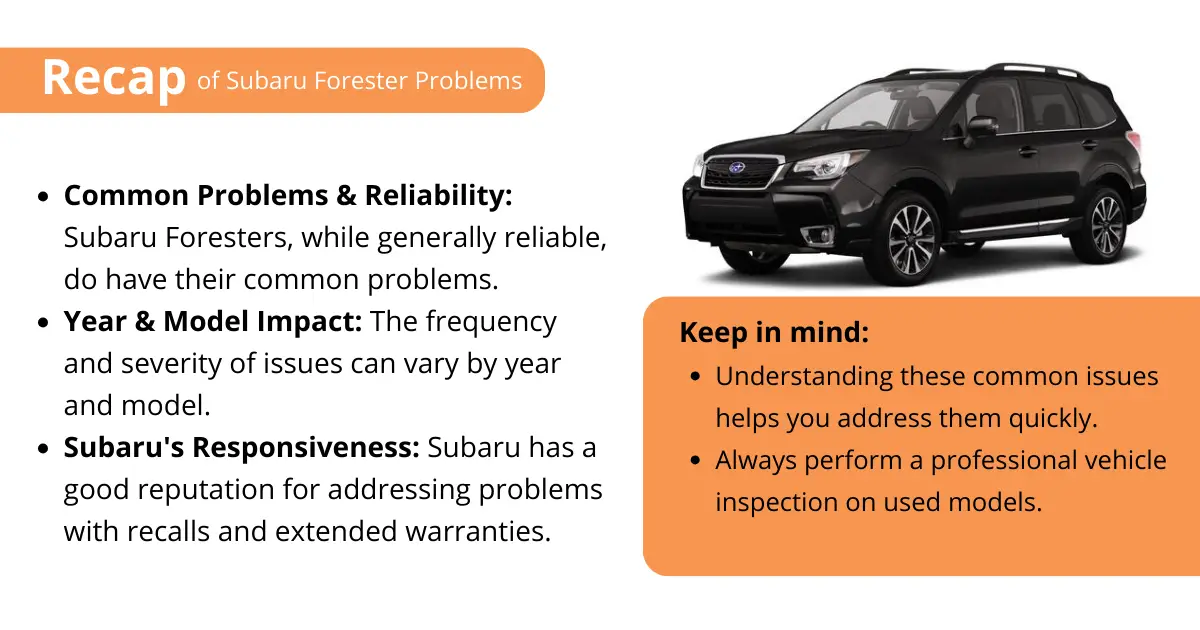 Infographic showing recap of article, concluding that while the Forester is typically reliable, there are issues in some years worth looking out for. Regardless, when shopping used always perform a solid pre-purchase inspection to avoid potential headaches.