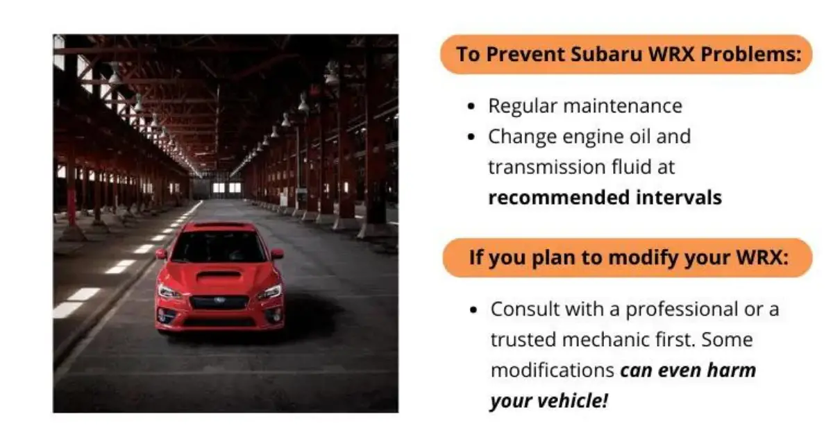 Infographic of how to prevent WRX problems, including suggestions of regular maintenance and following recommended oil change and transmission fluid intervals.