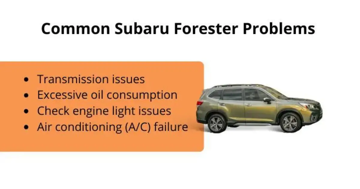 Image of Subaru Forest with list of common problems next to it, including transmission issues, excessive oil consumption, a check engine light, or faulty AC