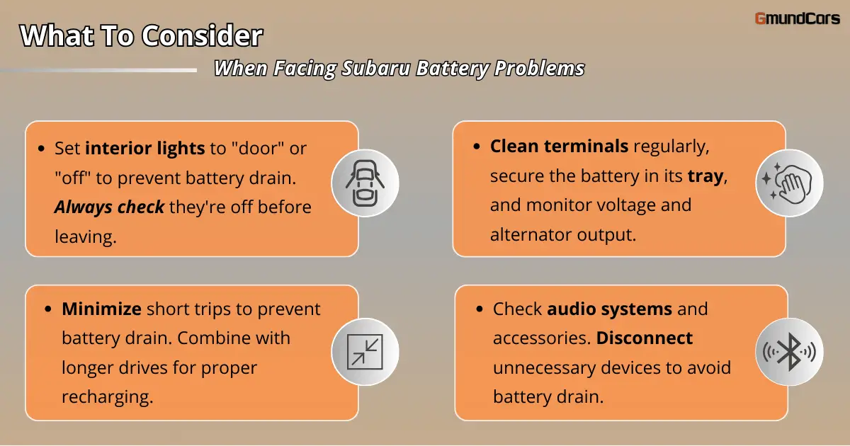 Tips for preventing Subaru battery problems, including setting interior lights correctly and cleaning terminals.