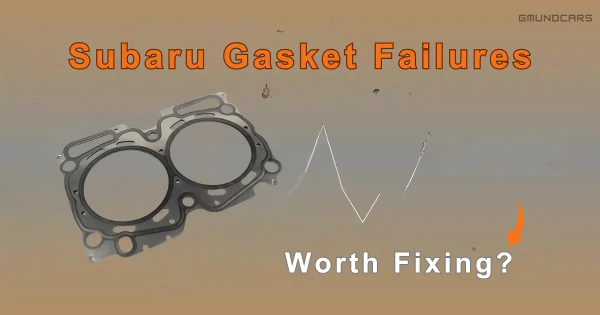 A Subaru head gasket positioned in a custom infographic that introduces the topic of "Are Subaru Gaskets worth fixing?"