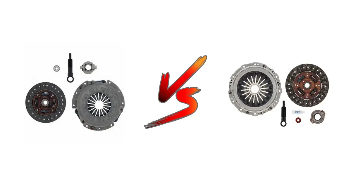 An OEM Subaru Clutch replacement compared next to an aftermarket replacement, with a versus sign in the middle