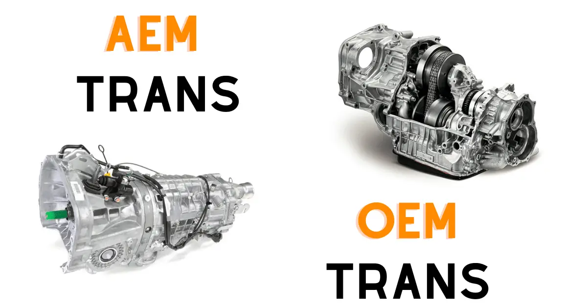 An aftermarket Subaru transmission sitting next to an OEM Subaru transmission offering an introduction to the pros and cons for each